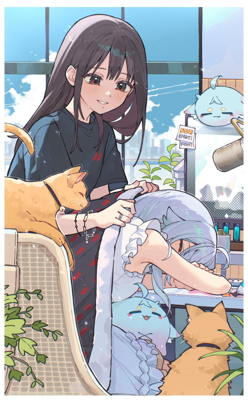 2girls, absurdres, arm_rest, black_shirt, blanket, blue_hair, bracelet, brown_eyes