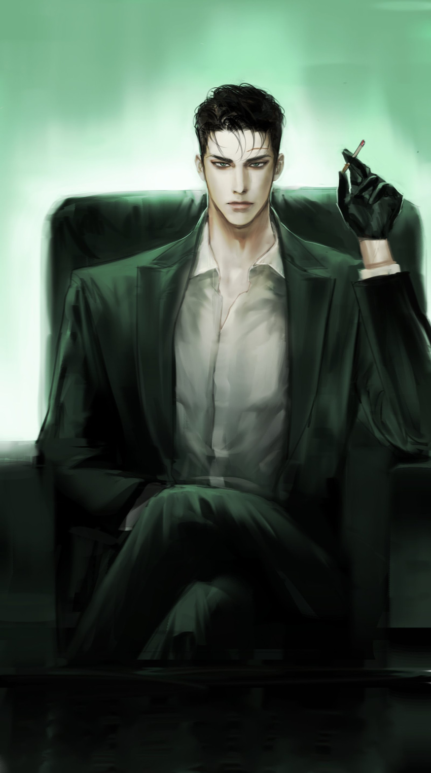 1boy, absurdres, black_gloves, black_hair, black_jacket, cigarette, crossed_legs, gloves