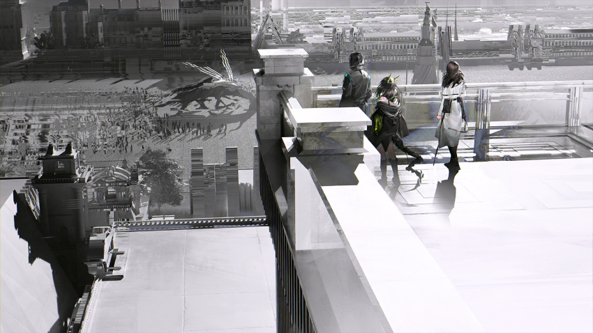 1boy, 2girls, arknights, black_coat, black_hair, black_jacket, brown_hair, building, cephas_(arknights), cephas_(teekaz)_(arknights), cityscape, coat, doctor_(arknights), game_cg, greyscale, highres, hood, hood_up, jacket, looking_afar, looking_down, medium_hair, mon3tr_(arknights), monochrome, monster, multiple_girls, official_art, people, priestess_(arknights), spot_color, standing, third-party_source, tree, white_coat