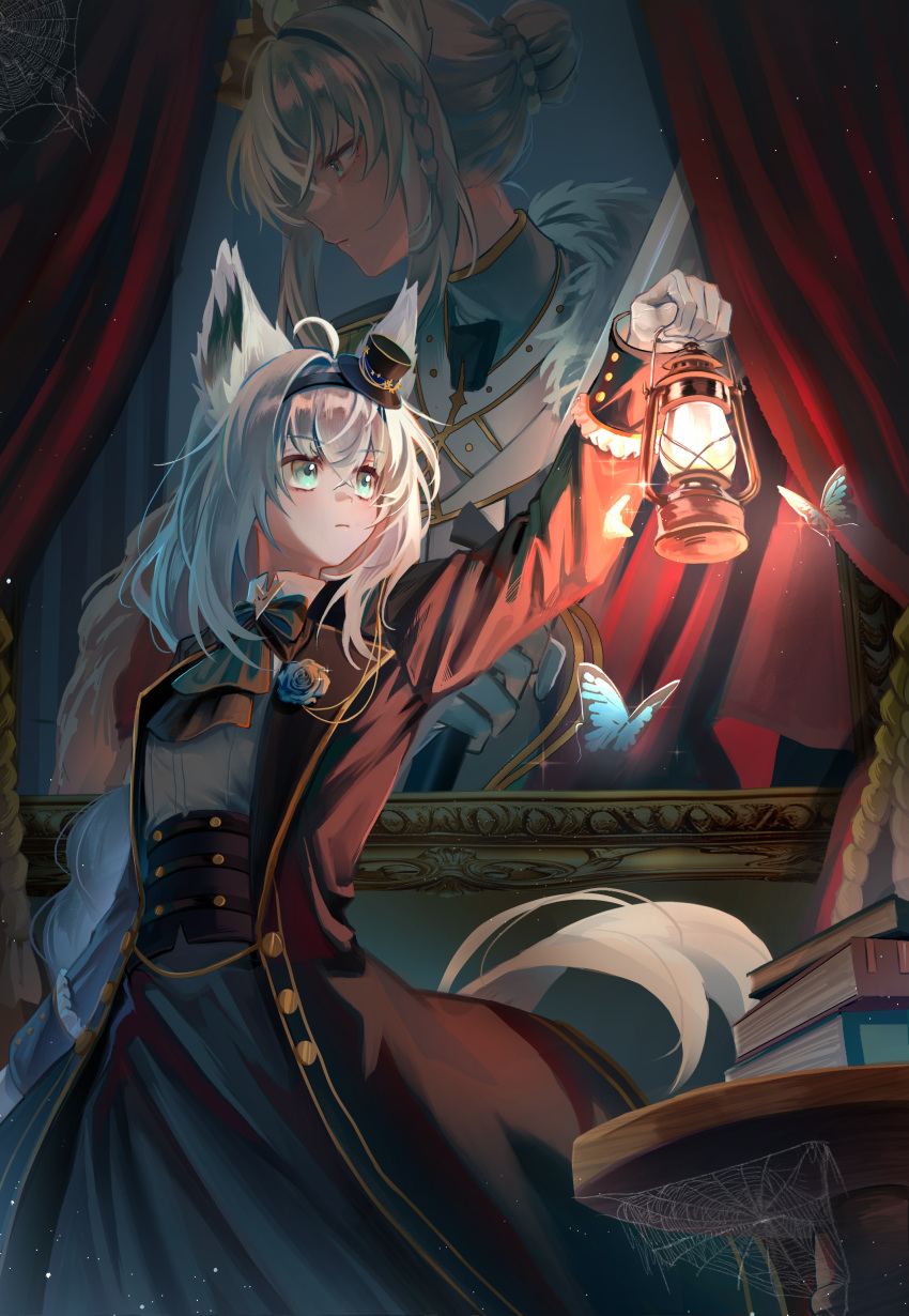 1girl, absurdres, ahoge, animal_ears, arm_up, ascot, black_hat, blue_ascot