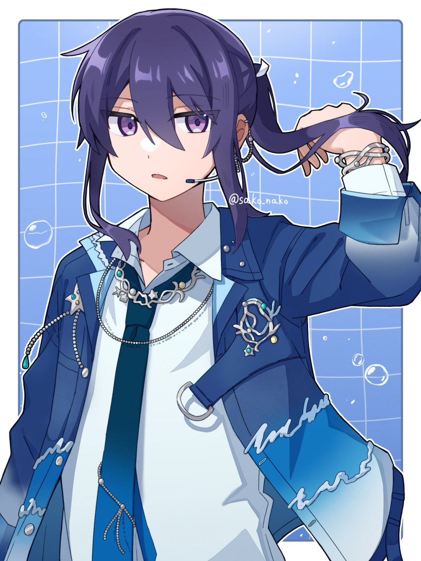 1boy, arm_up, blue_background, blue_jacket, blue_necktie, border, bracelet, bubble