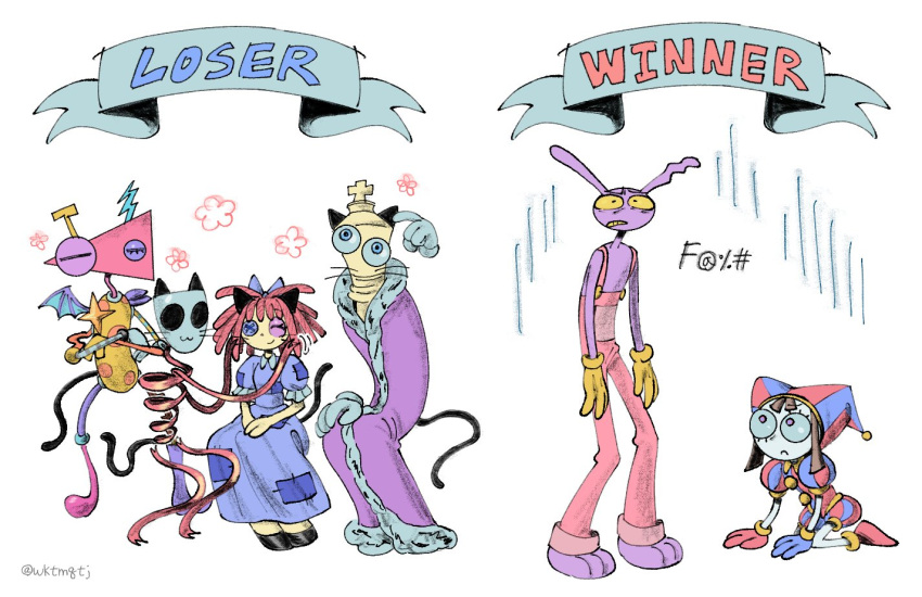 1other, 2boys, 3girls, animal_ears, asymmetrical_gloves, blue_dress, blue_gloves, blue_hat