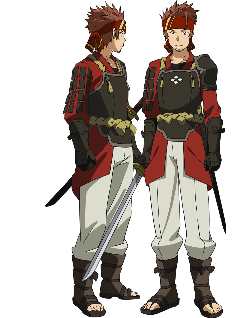2boys, adachi_shingo, anime_coloring, armor, beard, black_shirt, breastplate, brown_hair