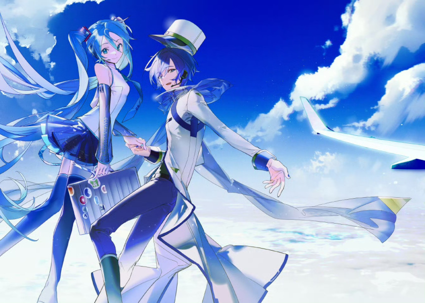 1boy, 1girl, aircraft, airplane, aqua_eyes, aqua_hair, aqua_nails, bare_shoulders, beret_cj, black_skirt, blue_eyes, blue_hair, blue_nails, blue_pants, blue_scarf, boots, briefcase, chinese_commentary, clouds, cloudy_sky, coat, detached_sleeves, floating_hair, hair_between_eyes, hair_ornament, hat, hatsune_miku, headset, holding, holding_briefcase, holding_hands, kaito, kaito_(vocaloid), kaito_(vocaloid3), kepi, long_coat, long_hair, looking_at_viewer, military_hat, necktie, open_mouth, pants, pleated_skirt, reaching, reaching_towards_viewer, scarf, shirt, short_hair, skirt, sky, sleeveless, smile, sticker, thigh-highs, twintails, very_long_hair, vocaloid, white_coat, white_hat, white_shirt