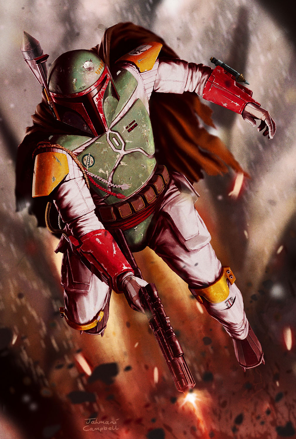 1boy, armor, boba_fett, brown_cape, cape, firing, gun, handgun