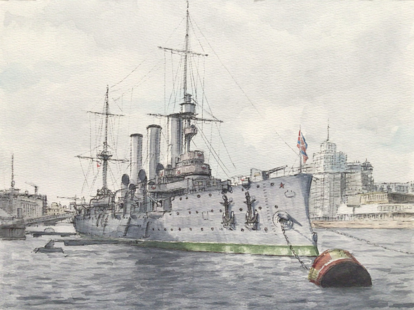 anchor, atelier_bono, aurora_(russian_cruiser), clouds, cloudy_sky, commentary_request, cruiser, flag