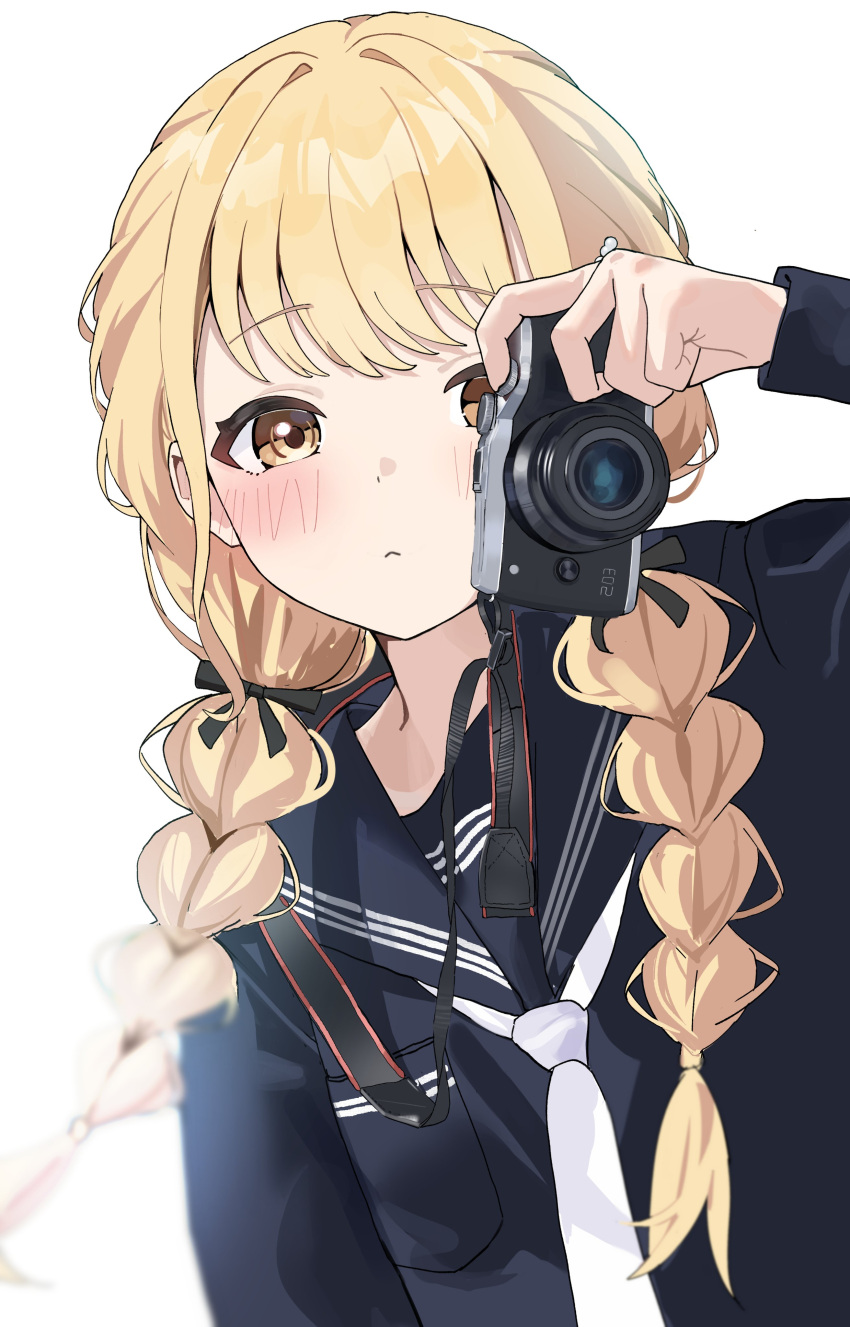 1girl, absurdres, aweqdre, black_sailor_collar, black_serafuku, black_shirt, blonde_hair, blush