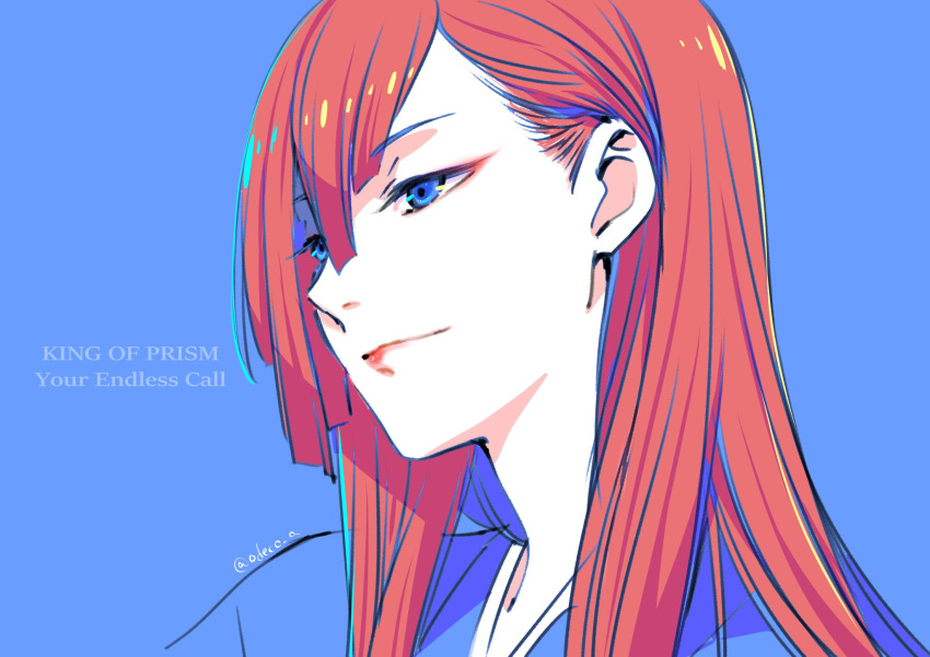 blue_background, blue_eyes, blunt_bangs, closed_mouth, commentary, copyright_name, eyeliner, hashtag-only_commentary