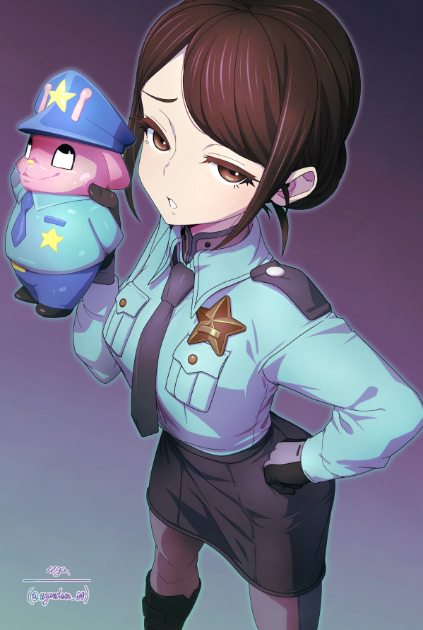 1girl, boots, breasts, brown_eyes, brown_hair, collared_shirt, cowboy_shot, from_above, gloves, gradient_background, hair_bun, hand_on_own_hip, kanzaki_ryouko, long_sleeves, looking_at_viewer, medium_hair, milky_galactic_universe, milky_subway, necktie, open_mouth, pantyhose, pencil_skirt, police, police_uniform, policewoman, shirt, sidelocks, skirt, small_breasts, solo, stuffed_animal, stuffed_rabbit, stuffed_toy, swept_bangs, thigh_boots, uganda_(ugandam_00)