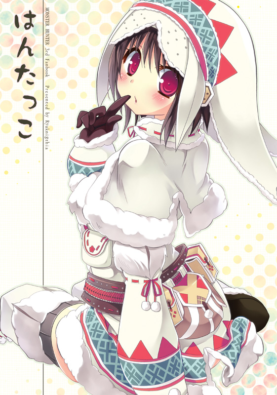 blush, brown_hair, capelet, from_behind, fur_trim, hat, kizuki_erika, looking_back