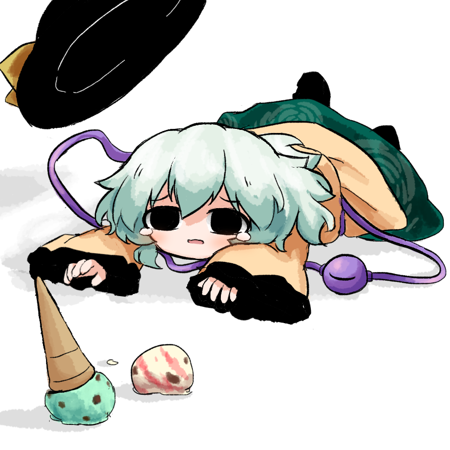1girl, black_eyes, black_hat, eyeball, floral_print, food, food_on_floor, frilled_sleeves