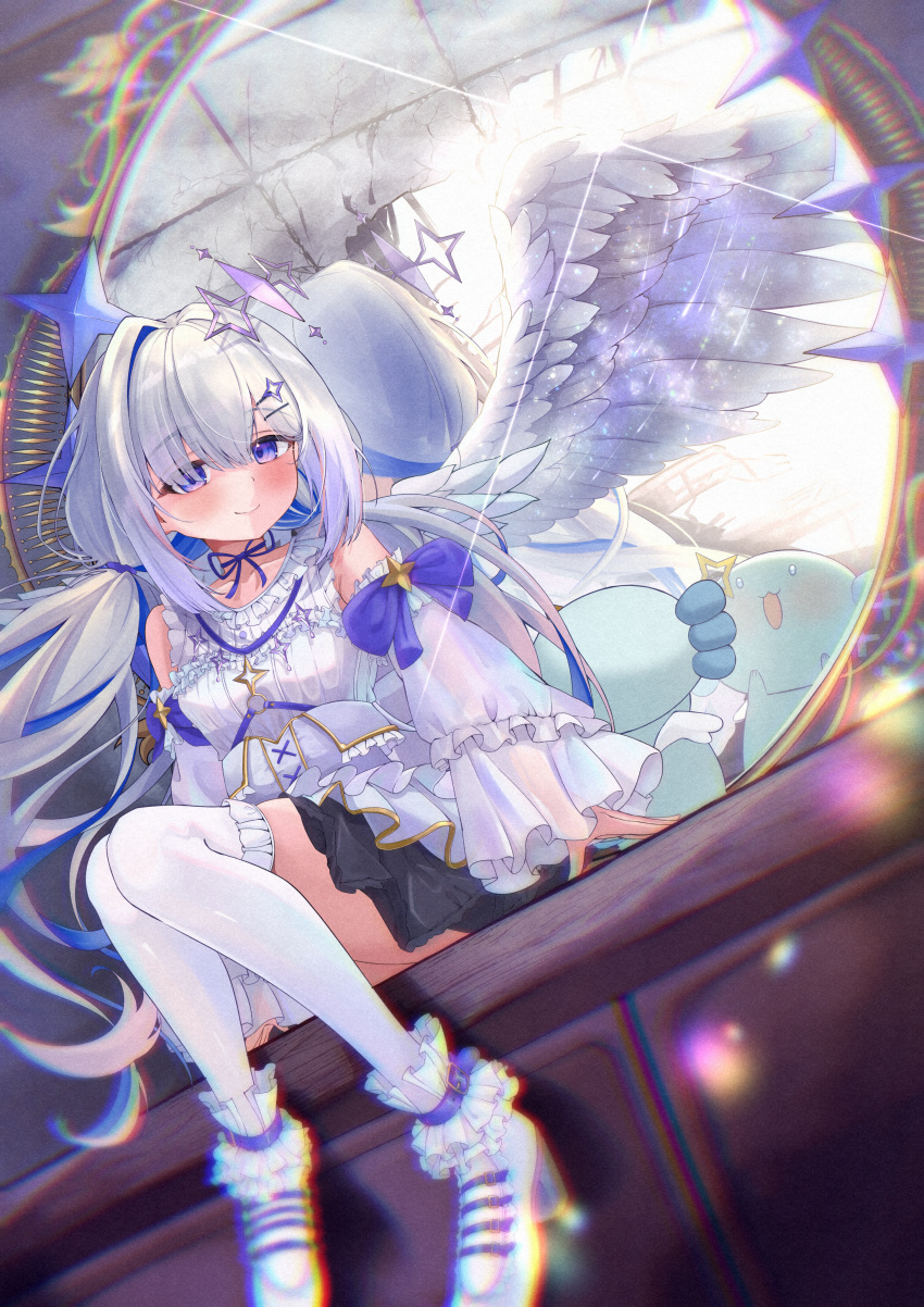 1girl, absurdres, alternate_costume, amane_kanata, angel_wings, axolotl, black_skirt, blue_ribbon