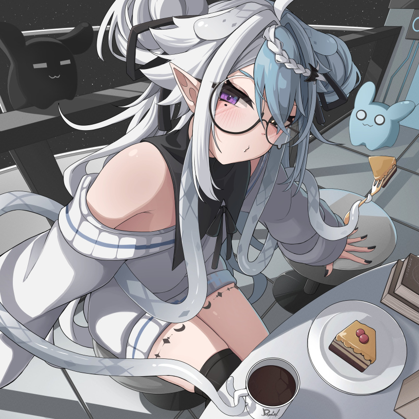 1girl, absurdres, aquwa, bare_shoulders, black_eyes, black_nails, blue_hair, cake