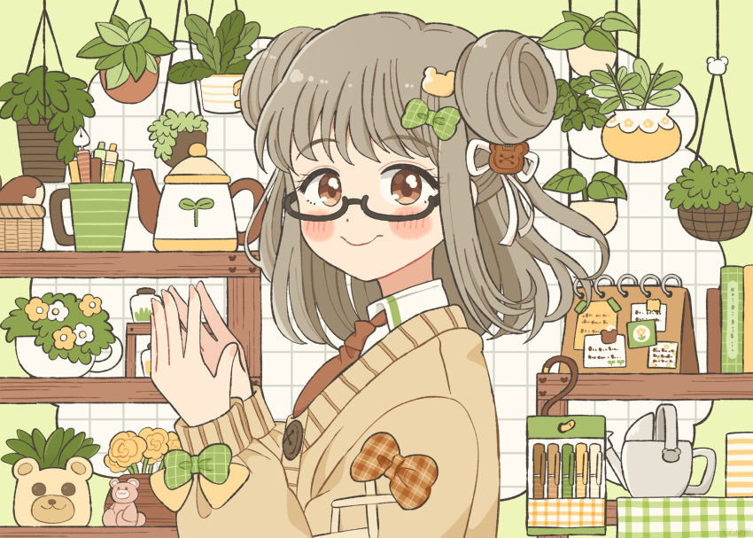 1girl, bear_hair_ornament, black-framed_eyewear, blush_stickers, border, bow, brown_cardigan, brown_eyes