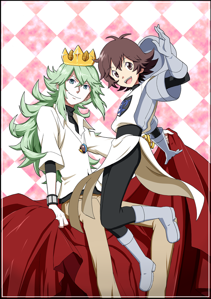 ahoge, alternate_costume, bangle, brown_eyes, brown_hair, cosplay, crown, fmir, gloves, green_eyes, green_hair, hood, jewelry, long_hair, multiple_boys, n_(pokemon), pendant, pokemon, pokemon_(game), pokemon_black_and_white, pokemon_bw, smile, surcoat, team_plasma, touya_(pokemon), wristband