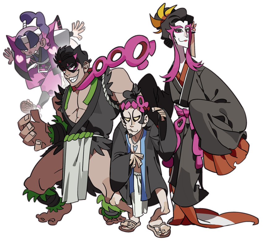 4boys, barefoot, black_hair, ecchuu_fundoshi, fezandipiti, highres, japanese_clothes, kimono