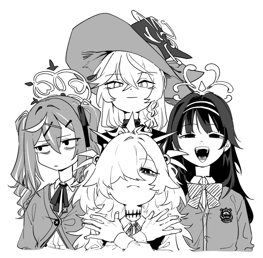 4girls, asahina_yoshitoshi, blue_archive, bohemian_rhapsody, bow, bowtie, cardigan, closed_mouth