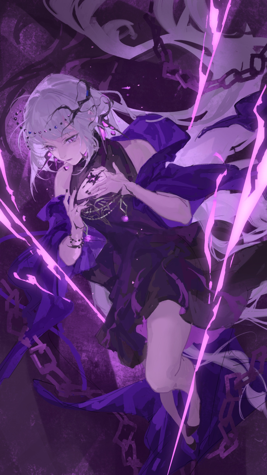 1girl, absurdres, bare_arms, bare_legs, bare_shoulders, black_dress, black_shoes, breasts, chain, cracked_skin, dress, expressionless, floating_hair, full_body, hella_(path_to_nowhere), highres, long_hair, material_growth, necresta_hella_(path_to_nowhere), path_to_nowhere, pink_eyes, purple_background, purple_shawl, shawl, shoes, sleeveless, sleeveless_dress, small_breasts, solo, very_long_hair, white_hair, yangmao_feifei