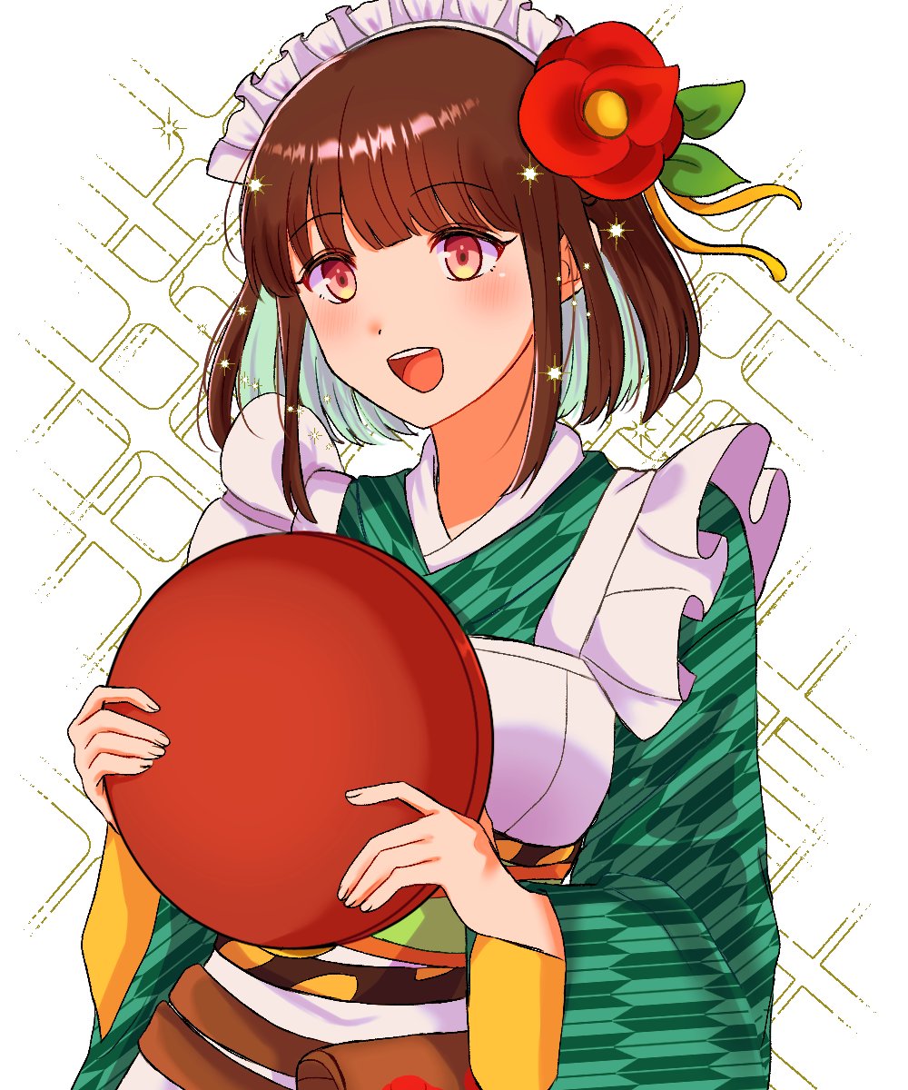 apron, blush, brown_hair, colored_inner_hair, flower, glowing, hair_flower, hair_ornament