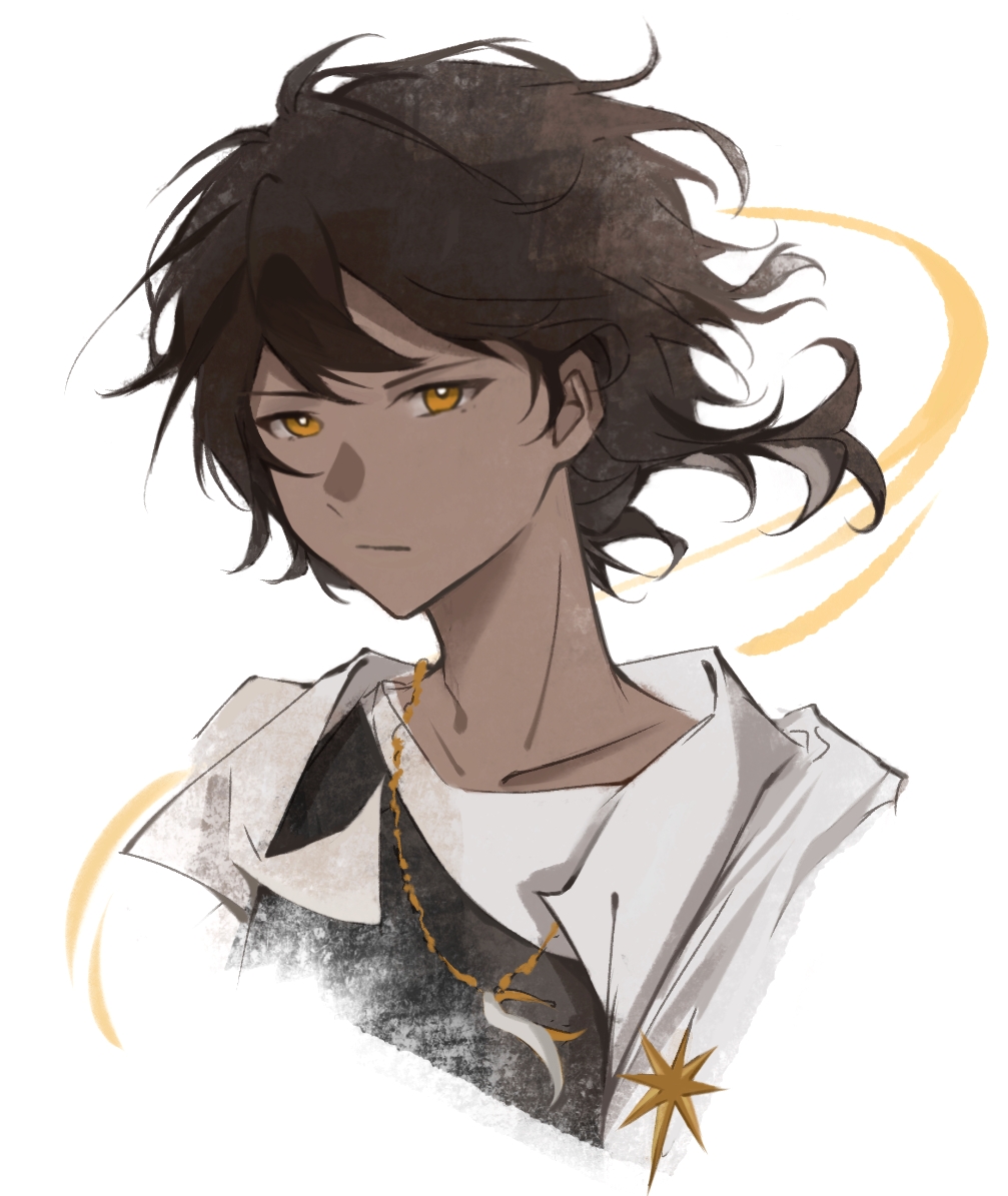 1boy, arknights, bright_pupils, brown_hair, chinese_commentary, closed_mouth, collarbone, commentary_request, cropped_shoulders, dark-skinned_male, dark_skin, expressionless, looking_at_viewer, male_focus, mo_mo_(g3579515), short_hair, simple_background, solo, thorns_(arknights), white_background, white_pupils, yellow_eyes