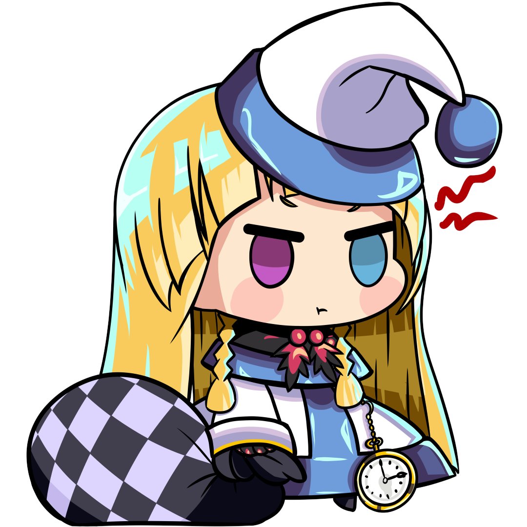 1girl, alyce_(dohna_dohna), black_capelet, black_gloves, blonde_hair, blue_eyes, capelet, chibi, chibi_only, dohna_dohna_issho_ni_warui_koto_o_shiyou, dress, gloves, hat, holding, holding_sack, kouto_matai, long_hair, pocket_watch, pout, sack, santa_hat, simple_background, solo, v-shaped_eyebrows, very_long_hair, watch, white_background, white_dress, white_hat