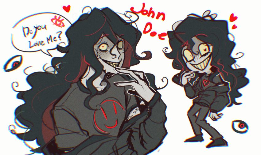 1boy, :d, absurdres, bags_under_eyes, black_hair, black_shirt, character_name, colored_inner_hair, colored_sclera, colored_teeth, constricted_pupils, crazy_eyes, cross_scar, curly_hair, english_text, hair_over_shoulder, hand_on_own_chin, heart, heart-shaped_pupils, highres, jacket, jacket_partially_removed, john_doe_(visual_novel), john_doe_(visual_novel)_(character), kana_(kanaice), long_hair, looking_at_viewer, male_focus, multicolored_hair, multiple_views, scar, scar_on_arm, shirt, sleeves_rolled_up, smile, smiley_print, speech_bubble, symbol-shaped_pupils, too_many_eyes, very_long_hair, yellow_sclera, yellow_teeth