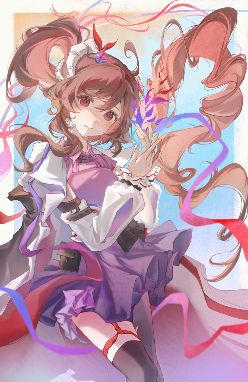 1girl, absurdres, ahoge, arknights, asymmetrical_legwear, black_pantyhose, black_thighhighs, brown_hair, chinese_commentary, collared_dress, commentary_request, cowboy_shot, curled_horns, dress, eyjafjalla_(arknights), eyjafjalla_the_hvit_aska_(arknights), fingernails, floating_hair, highres, horns, long_hair, long_sleeves, looking_at_viewer, magic, mo_mo_(g3579515), own_hands_together, pantyhose, pouch, purple_dress, red_eyes, sheep_girl, sheep_horns, short_dress, single_leg_pantyhose, single_thighhigh, smile, solo, standing, thigh-highs, twintails, uneven_legwear, white_horns