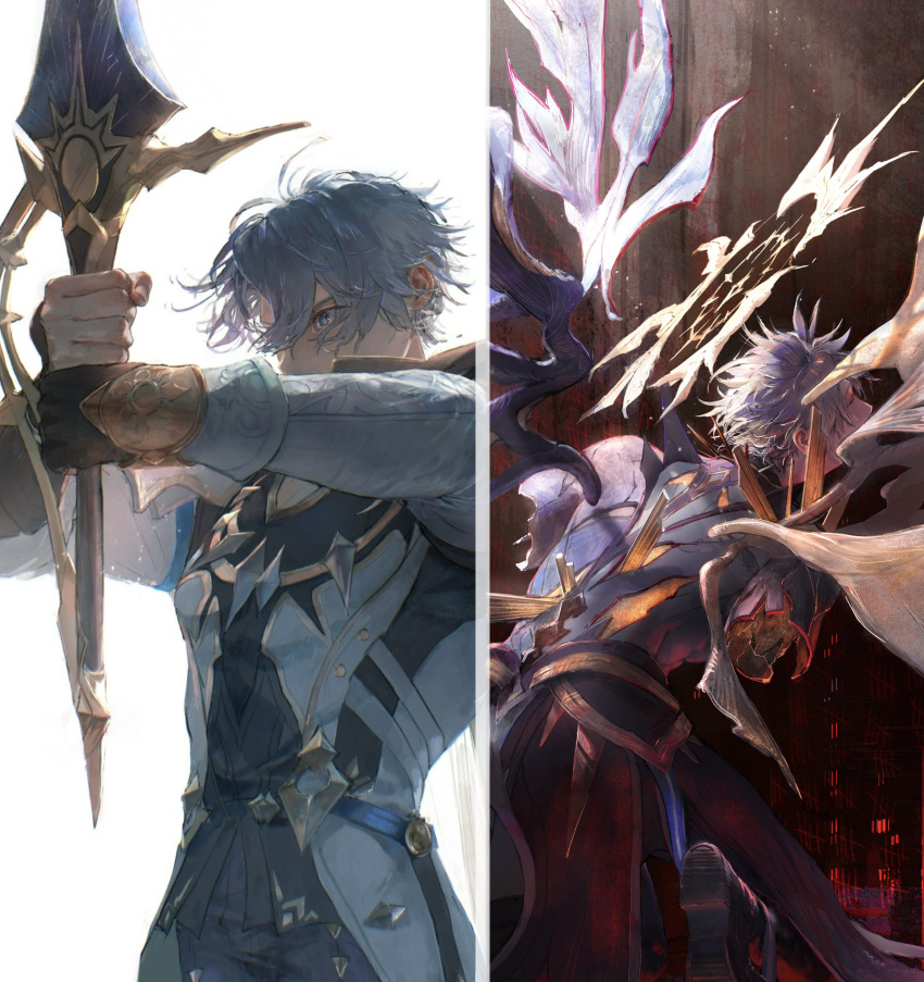 1boy, absurdres, alternate_form, amputee, aonon_040, armor, back, black_pants