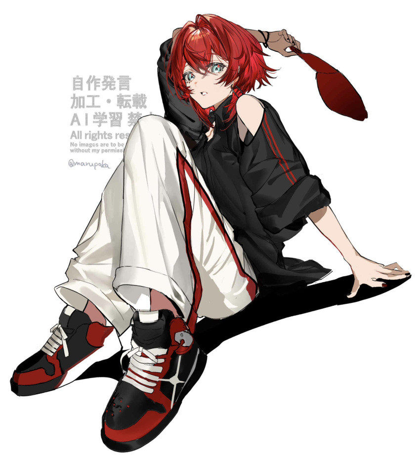 1girl, alternate_costume, ange_katrina, aqua_eyes, arm_up, baseball_cap, black_shirt, black_shoes