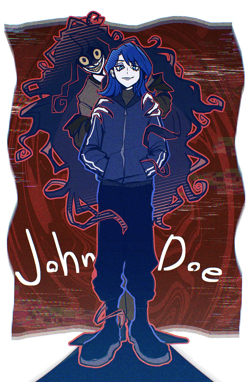 1boy, 1girl, black_hair, black_jacket, black_shirt, blue_eyes, blue_hair, blue_jacket