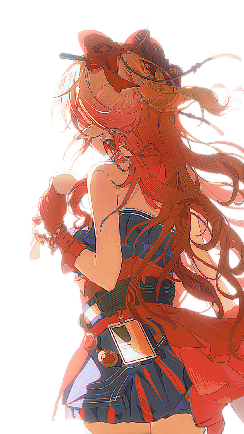1girl, absurdres, arknights, bare_shoulders, belt, blue_dress, bow, brown_hair