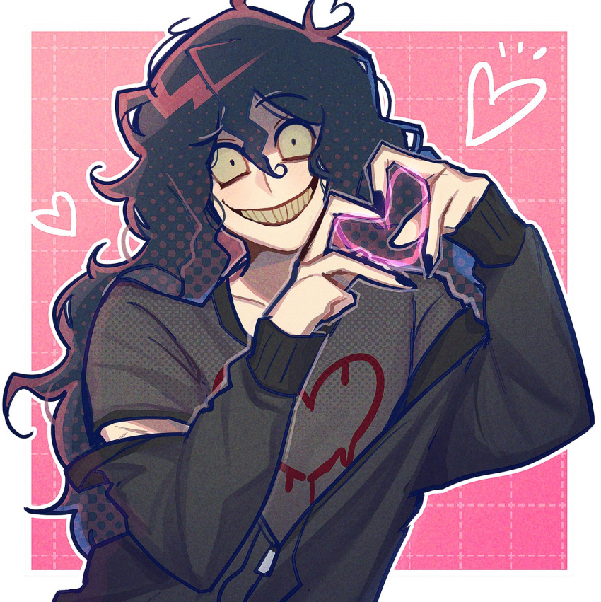 1boy, black_hair, black_jacket, black_shirt, border, constricted_pupils, crazy_grin, curly_hair