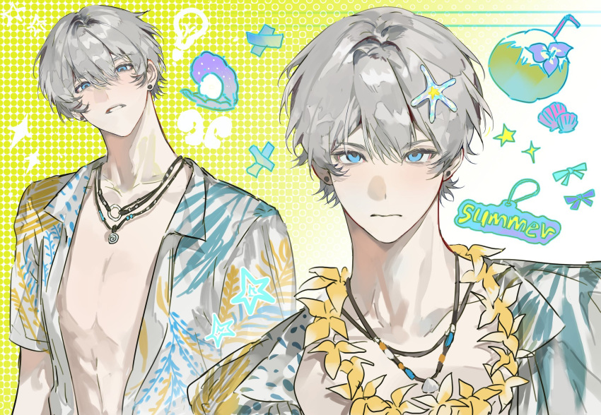 1boy, closed_mouth, collarbone, english_text, grey_hair, hair_between_eyes, highres, jewelry
