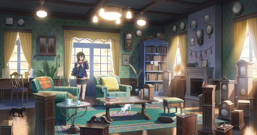 1girl, absurdres, analog_clock, armchair, bag, black_cat, black_hair, black_socks