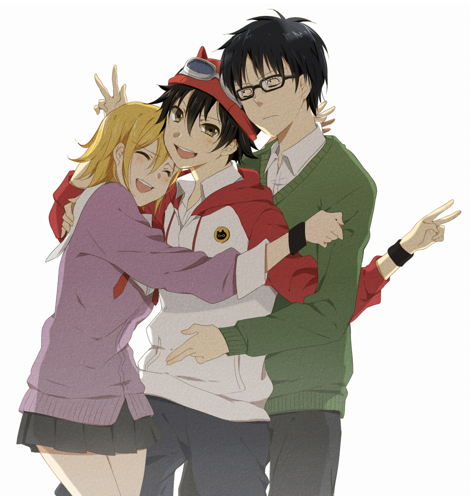 2boys, :d, black_hair, blonde_hair, brown_eyes, closed_eyes, drawn_on_eyes, eyes_closed