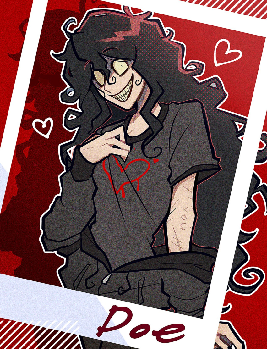 1boy, black_hair, black_jacket, black_shirt, character_name, constricted_pupils, cowboy_shot, crazy_grin