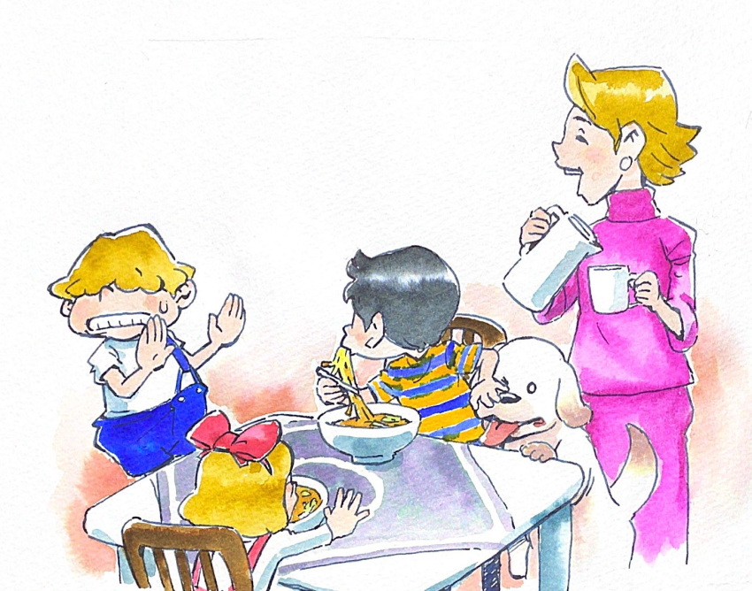 2boys, 2girls, ^_^, akahanadragon, animal, black_hair, blonde_hair, blue_pants, blue_shirt, bow, bow_hairband, bowl, chair, child, chopsticks, closed_eyes, coffee_mug, commentary, cup, dog, earrings, eating, family, food, food_in_mouth, hair_over_eyes, hairband, hands_up, holding, holding_chopsticks, holding_cup, holding_kettle, jewelry, kettle, king_(mother_2), looking_at_another, medium_hair, miso_soup, mother_(series), mother_2, mug, multiple_boys, multiple_girls, ness's_mother, ness_(mother_2), nib_pen_(medium), noodles, on_chair, open_mouth, pants, pen_(medium), pink_shirt, pink_skirt, porky_minch, ramen, red_bow, red_hairband, shirt, short_hair, skirt, smile, striped_clothes, striped_shirt, suspenders, sweatdrop, table, tablecloth, tongue, tongue_out, tracy_(mother_2), traditional_media, turning_head, turtleneck, turtleneck_shirt, two-tone_shirt, white_shirt, wooden_chair, yellow_shirt