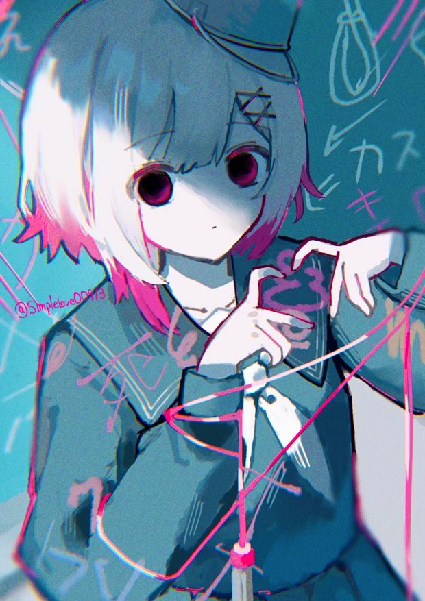 1girl, black_sailor_collar, black_serafuku, black_skirt, bucket, bucket_on_head, chalk_drawing, chalkboard