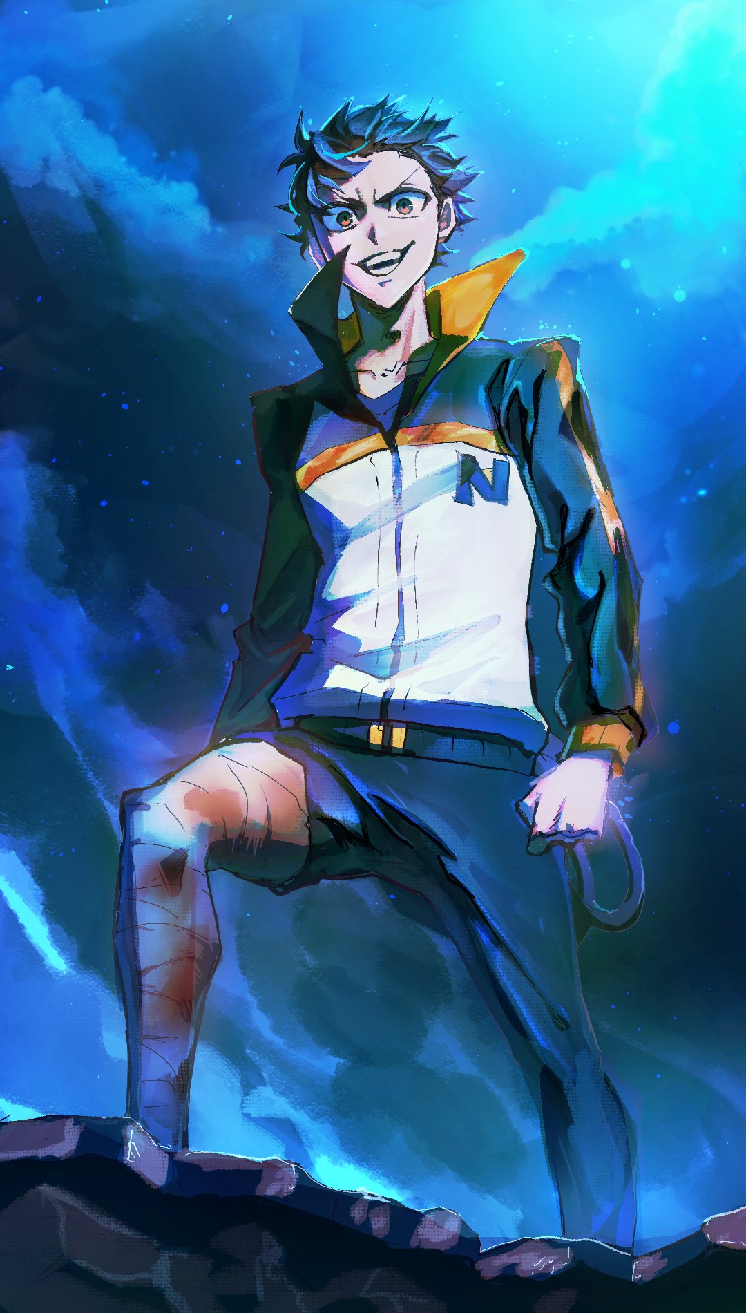 1boy, bandages, black_hair, confident, dynamic_pose, full_body, grin, highres