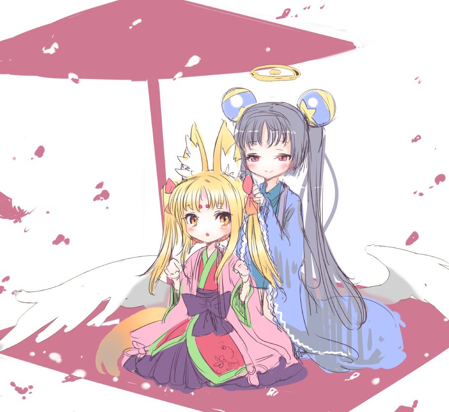 2girls, ajitarou_(setsu), blue_kimono, bow, emil_chronicle_online, fox_girl, fox_tail, hair_bow