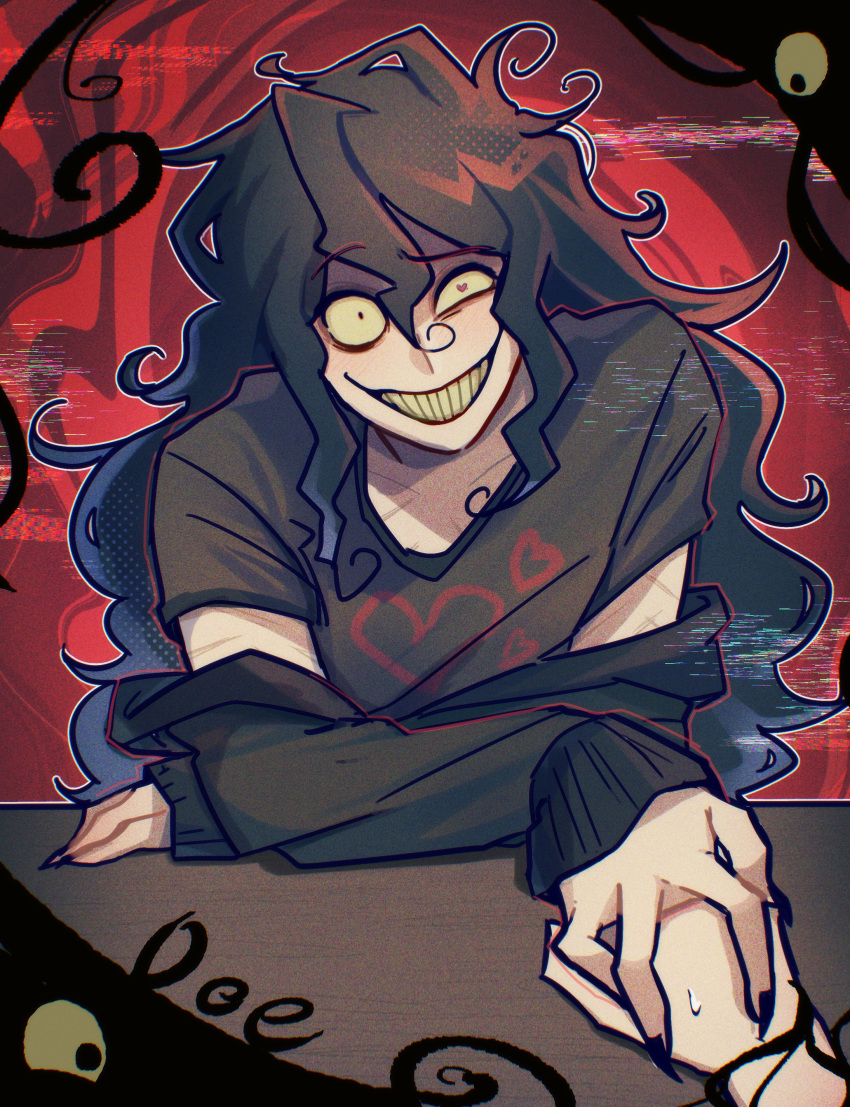1boy, 1other, :d, absurdres, black_hair, black_jacket, black_shirt, crazy_grin
