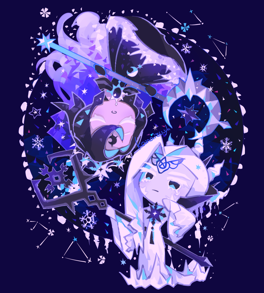 2girls, :o, absurdly_long_hair, artist_name, asymmetrical_bangs, bare_shoulders, black_background, black_brooch