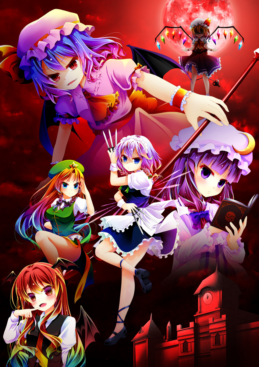 6+girls, absurdres, apron, ascot, bat_wings, beret, between_fingers, black_vest