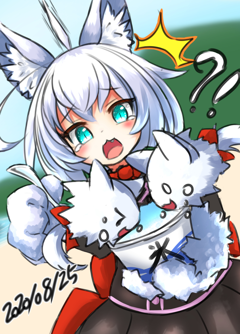 !?, 1girl, ahoge, animal_ears, animal_hands, black_dress, blue_eyes, cerberus_(eco)