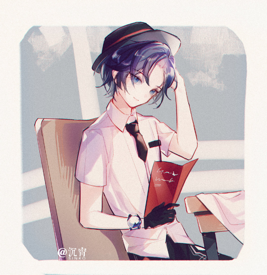 1boy, aged_down, artist_name, black_hat, black_necktie, black_pants, blue_background, blue_eyes