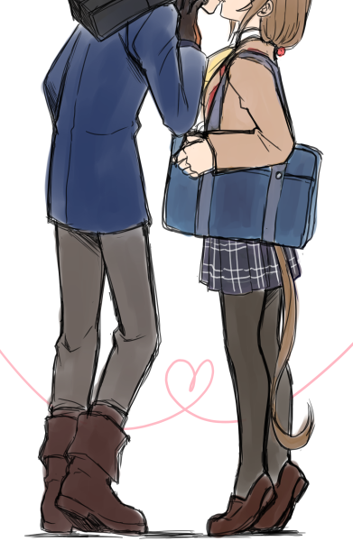 1boy, 1girl, aikawa_miyuu, ascot, bag, black_bag, black_pantyhose, black_skirt