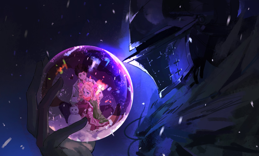 1girl, 2boys, aldebaran_(re:zero), beatrice_(re:zero), coat, crystal_ball, curse_seal, dark_background