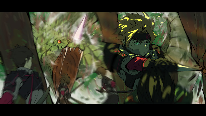 armor, battle, blonde_hair, blood, dagger, forest, green_blood, green_eyes, headband, highres, holding, holding_dagger, holding_knife, holding_sword, holding_weapon, horns, knife, monster, motion_blur, motion_lines, multiple_boys, nature, open_mouth, parted_lips, re:zero_kara_hajimeru_isekai_seikatsu, red_eyes, ro_ka_ro_ka, sharp_teeth, short_hair, single_horn, speed_lines, sword, teeth, todd_(re:zero), tree, weapon