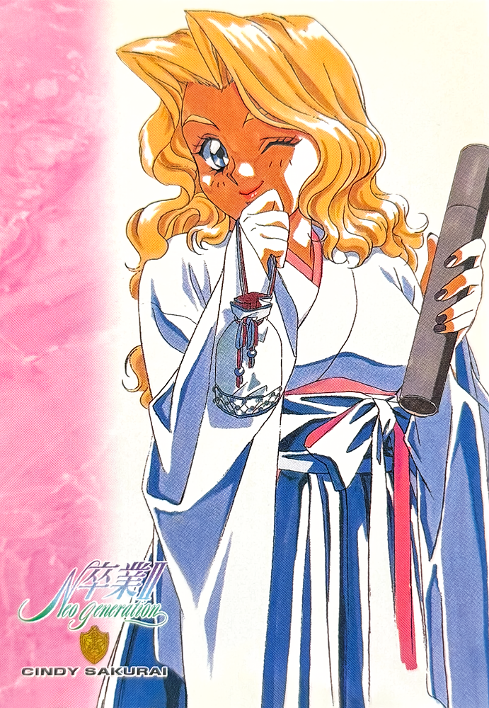1990s_(style), 1girl, black_nails, blonde_hair, blue_eyes, character_name, cindy_sakurai, copyright_name