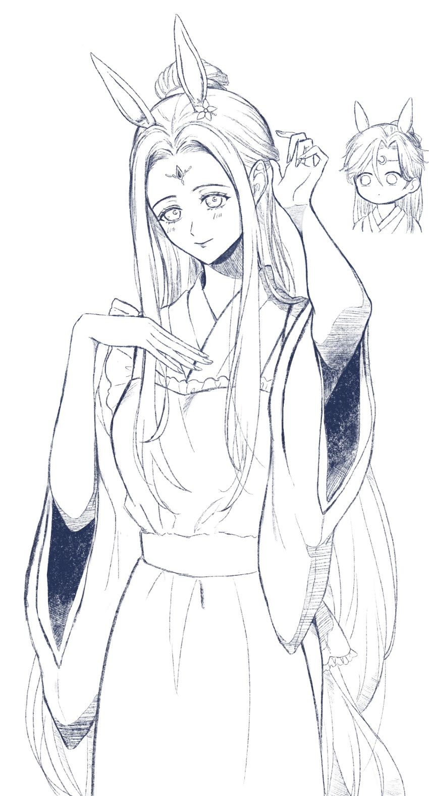 1boy, 1girl, absurdres, animal_ears, apron, baishuo_(shining_nikki), chibi, chinese_clothes